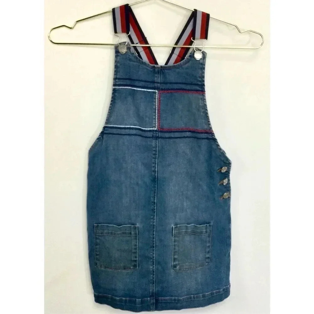 Vintage Tommy Hilfiger Girls Medium 8/10 Denim Dress Overalls Jumper Blue Red St